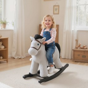 Cavalo de baloiço para crianças, brinquedo de baloiço para bebés em peluche com efeitos sonoros e boneca, 71 x 26 x 55 cm, cinzento