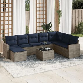 vidaXL 9 pcs conjunto sofás p/ jardim c/ almofadões vime PE cinzento