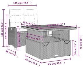 2 pcs conjunto de jantar p/ jardim com almofadões vime PE bege