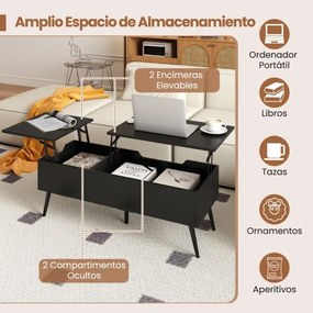Mesa de centro moderna elevável com 2 compartimentos de armazenamento ocultos 111 x 48 x 40-53,5 cm Preta