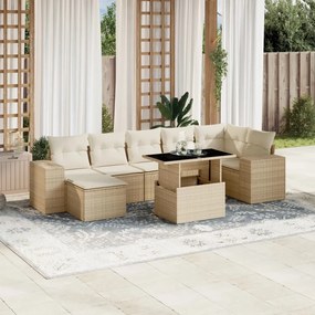 8 pcs conjunto de sofás p/ jardim com almofadões vime PE bege