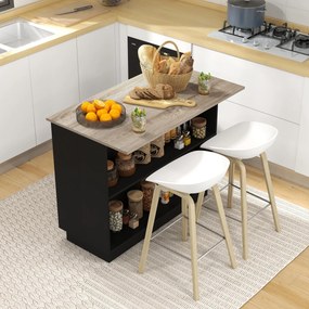 Mesa de apoio para ilha de cozinha com prateleira ajustável (BANCOS NÃO INCUIDOS), 2 compartimentos abertos, 2 armários e bancada com efeito de madeir