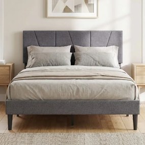 Estrutura de cama 140 x 200 cm (COLCHÃO NÃO INCLUIDO) com plataforma estofada, cabeceira geométrica ajustável em altura e ripas de madeira cinza