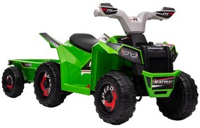 HOMCOM Quadriciclo Elétrico para Crianças com Reboque Bateria 6V de 18-36 Meses com Velocidade 2,5 km/h 106x41,5x48,5 cm Verde