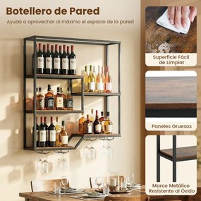 Garrafeira de parede para vinhos 102 x 30 x 112 cm com 6 prateleiras e suporte para copos Castanho rústico
