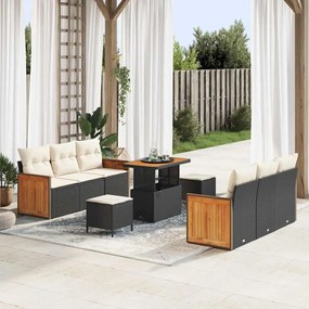 Conjunto de Sofás de Jardim vidaXL de 9 peças com Almofadas Preto Vime de Acácia