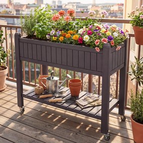 Floreira de jardim elevada Plastico 108 x 44 x 88,5 cm com rodas divisível com monitor de água, orifício de drenagem, prateleira para legumes e ervas,