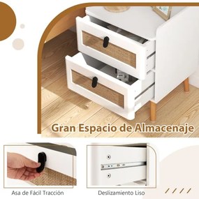 Mesa de cabeceira com 2 gavetas decoradas em rattan Pernas de madeira moderna para a sala de estar Quarto 45 x 40 x 57 cm Branco