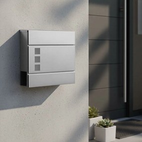 Caixa de correio de parede 37 x 10,5 x 37 cm com compartimento para jornais, prateada