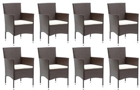 9 pcs conjunto jantar p/ jardim c/ almofadões vime PE castanho
