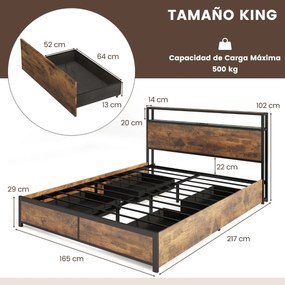Estrutura de cama de casal 200 x 160 Cabeceira com luz LED RGB 4 gavetas de arrumação Ligação USB Castanho rústico + preto