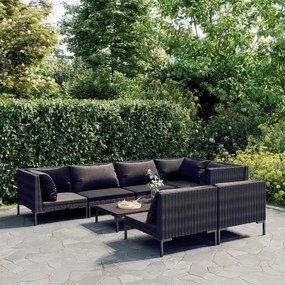 vidaXL 8 pcs conj. lounge jardim c/ almofadões vime PE cinzento-escuro