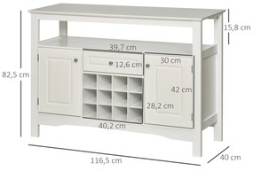 Aparador de Cozinha com 1 Gaveta 1 Prateleira Aberta 2 Portas e Suporte para 12 Garrafas 116,5x40x82,5 cm Branco