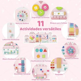Painel de atividades para crianças Quadro sensorial Montessori de madeira 11 em 1 para a educação e o desenvolvimento precoce Rosa