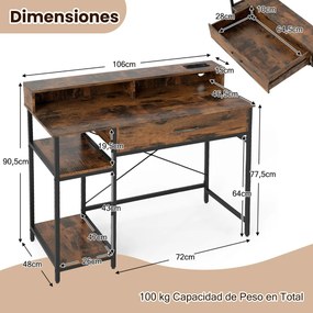 Secretária para computador 106 x 48 x 90 cm com tomadas com armário superior, gaveta e 2 prateleiras abertas Estrutura Castanha