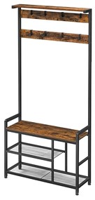 Cabideiro de hall com 8 ganchos, banco e prateleiras | VASAGLE | 84 x 30 x 182 cm | preto|envelhecido | HSR088B01.
