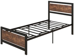 HOMCOM Estrutura de Cama Individual de Aço para Colchão 90x190 cm Carga Máxima 150 kg 97x195x103 cm Preto e Marrom Rústico