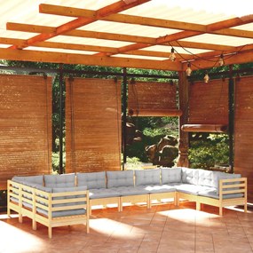 10 pcs conjunto lounge de jardim c/ almofadões cinzentos pinho