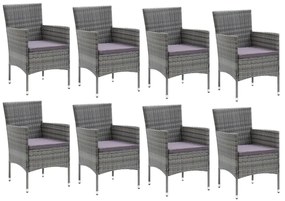 9 pcs conjunto jantar p/ jardim c/ almofadões vime PE cinzento