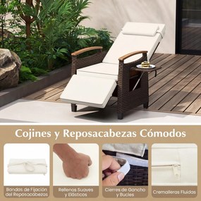 Poltrona jardim de rattan com encosto e apoio para os pés ajustáveis, mesinha rebatível, apoio para a cabeça removível, braços em madeira de acácia, t