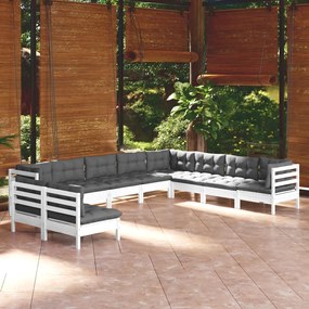 vidaXL 10 pcs conj. lounge de jardim c/ almofadões pinho maciço branco