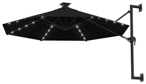 Guarda-sol para jardim de parede com luzes LED 300 cm preto