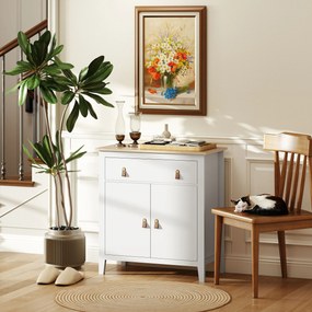Aparador Sala de Estar Moderno com Gaveta Prateleira Ajustável e Puxadores em PU 80x40x90 cm Branco e Madeira