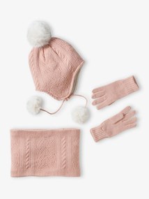 Agora -30%: Conjunto gorro + gola snood + luvas, em malha rosado