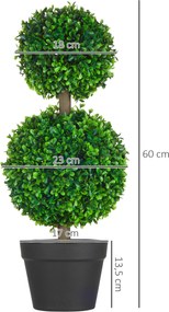 Conjunto de 2 árvores artificiais de buxo com duas esferas, incluindo tronco e vaso - altura 60 cm, verde