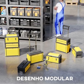 Caixa de Ferramentas Empilhável 3 em 1 Caixa de Ferramentas com Rodas Carro de Ferramentas de Aço  52x32x72 cm Amarelo e Preto