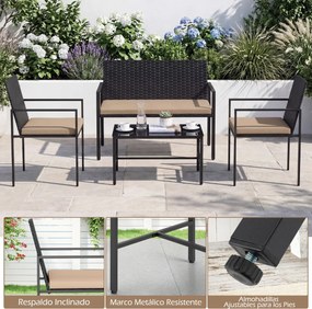 Conjunto de jardim de 4 peças em rattan para exterior: cadeiras, sofá, mesa de café em vidro temperado e almofadas macias; ideal para jardim, alpendre