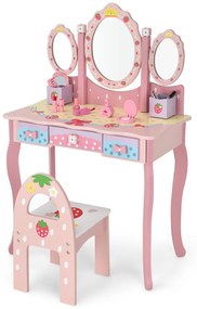 Conjunto Toucador e banco de maquilhagem para crianças com 3 gavetas cor-de-rosa