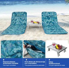 Conjunto de 2 espreguiçadeiras de praia dobráveis Tapetes de praia com mesa portáteis para a praia, jardim, campismo Verde