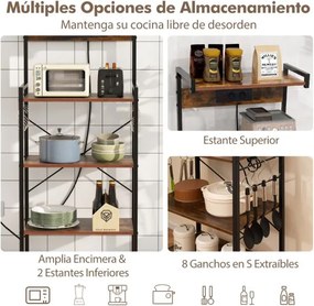 Armário de cozinha com tomadas Estante de micro-ondas de 4 níveis com 8 ganchos 59 x 34 x 136 cm Castanho