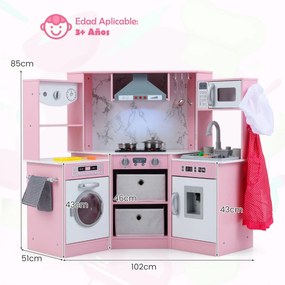 Cozinha Brincar de madeira para crianças 102 x 51 x 85 cm com luzes e sons, exaustor iluminado, sistema de água com dispensador e máquina de lavar par