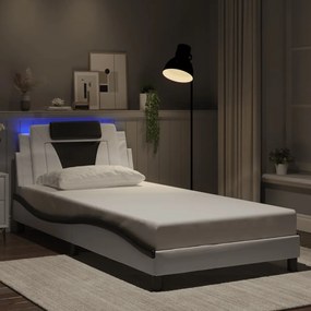 Estrutura cama c/ luzes LED 100x200cm couro artif. branco/preto