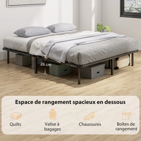 Cama de 160 x 190 cm, cama de casal em madeira maciça com base de ripas e pés, espaço de arrumação por baixo, preta