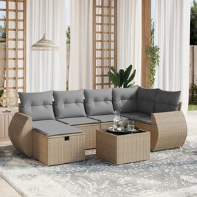 7 pcs conj. sofás jardim c/ almofadões vime PE bege misturado