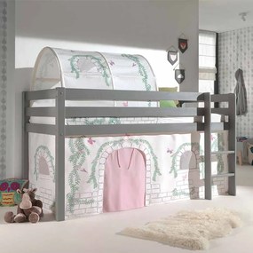 Conjunto Cama alta de Criança PINO 90 x 200 cm + estrado + escada + cortina + tunel Pássaro Cinzenta