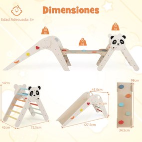 Parque dobrável para escalada para crianças Montessori de escalada em madeira com tema de panda Ginásio interior com escorrega bege
