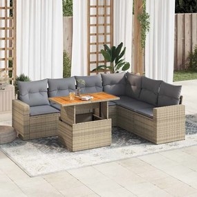 7 pcs conjunto de sofás p/ jardim com almofadões vime PE bege