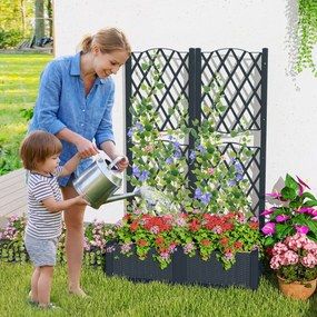 Floreira de jardim elevada dupla com treliça; floreira de plástico para exterior com orifícios de drenagem; vaso de jardim para pátio, cinzento