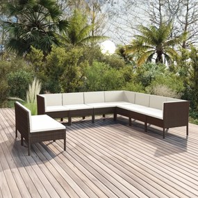 vidaXL 9 pcs conjunto lounge jardim c/ almofadões vime PE castanho