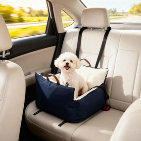 Assento de carro para cães  49x53x36 cm com cinto de segurança e sistema de fixação ao banco do carro, almofadado, azul-marinho