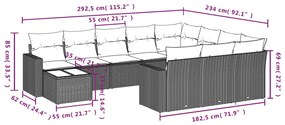 11 pcs conjunto sofás de jardim c/ almofadões vime PE bege