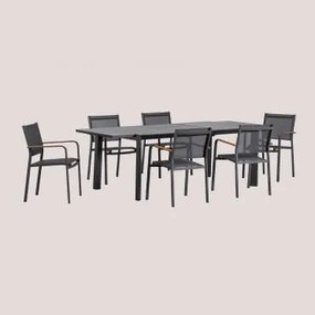 Conjunto De Mesa Retangular 180x240-100 Cm Extensível Starmi E 6 Cadeiras De Jardim Empilháveis Em Alumínio Archer Cinza Grafito - Sklum