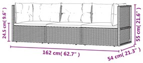 3 pcs conjunto lounge de jardim c/ almofadões vime PE cinzento