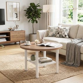 Mesa de Centro Redonda, 60 x 60 x 42 cm, 2 Níveis de Arrumação, Natural+Branco