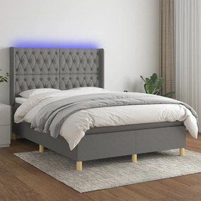 Cama box spring c/ colchão e LED 140x190 cm tecido cinza-escuro