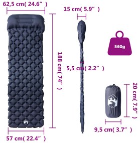 Colchão de campismo insuflável c/ almofada 1 pessoa cinza